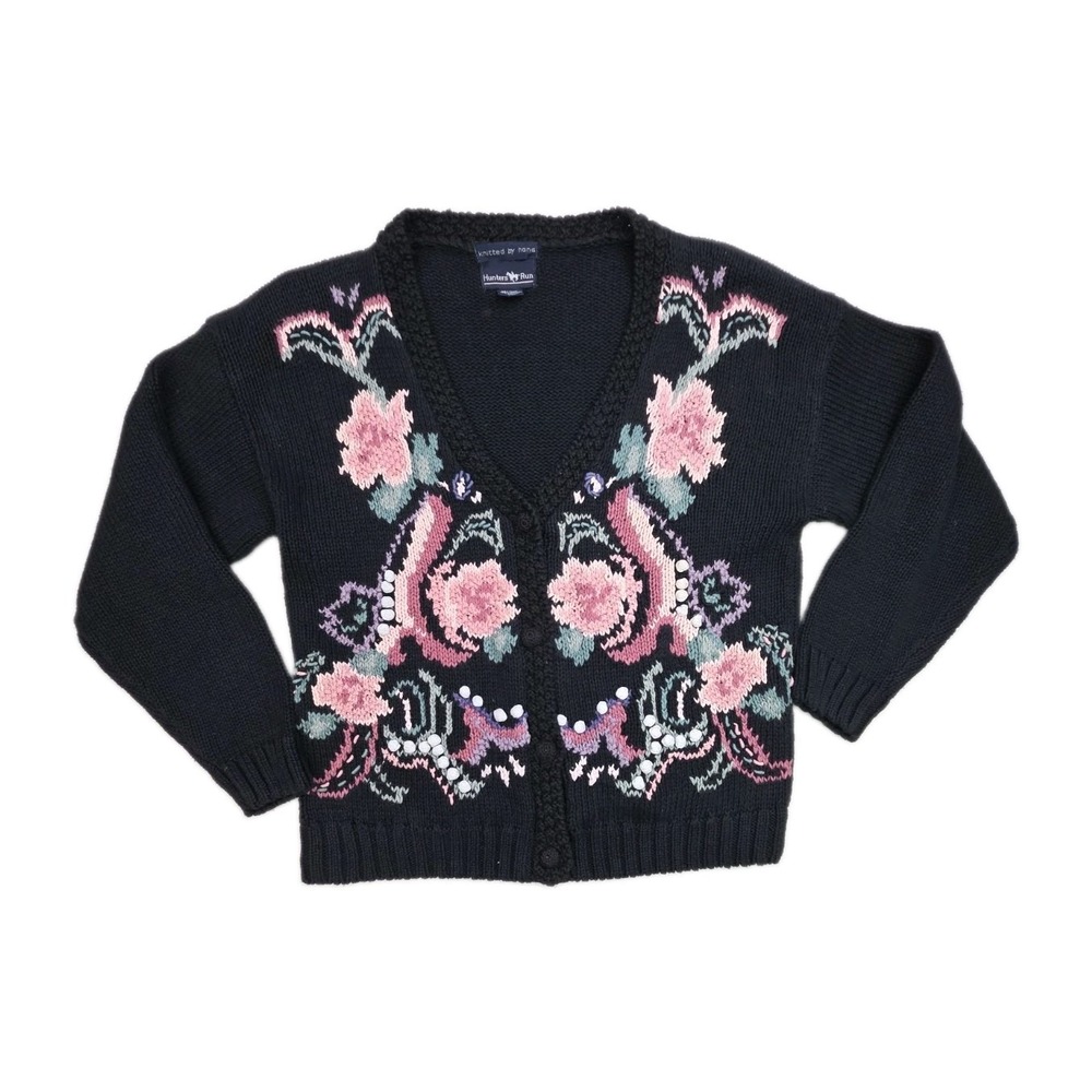 Vtg 80s 90s Hand Knitted Cardigan Sweater Pastel Floral Hunters Run Size M
